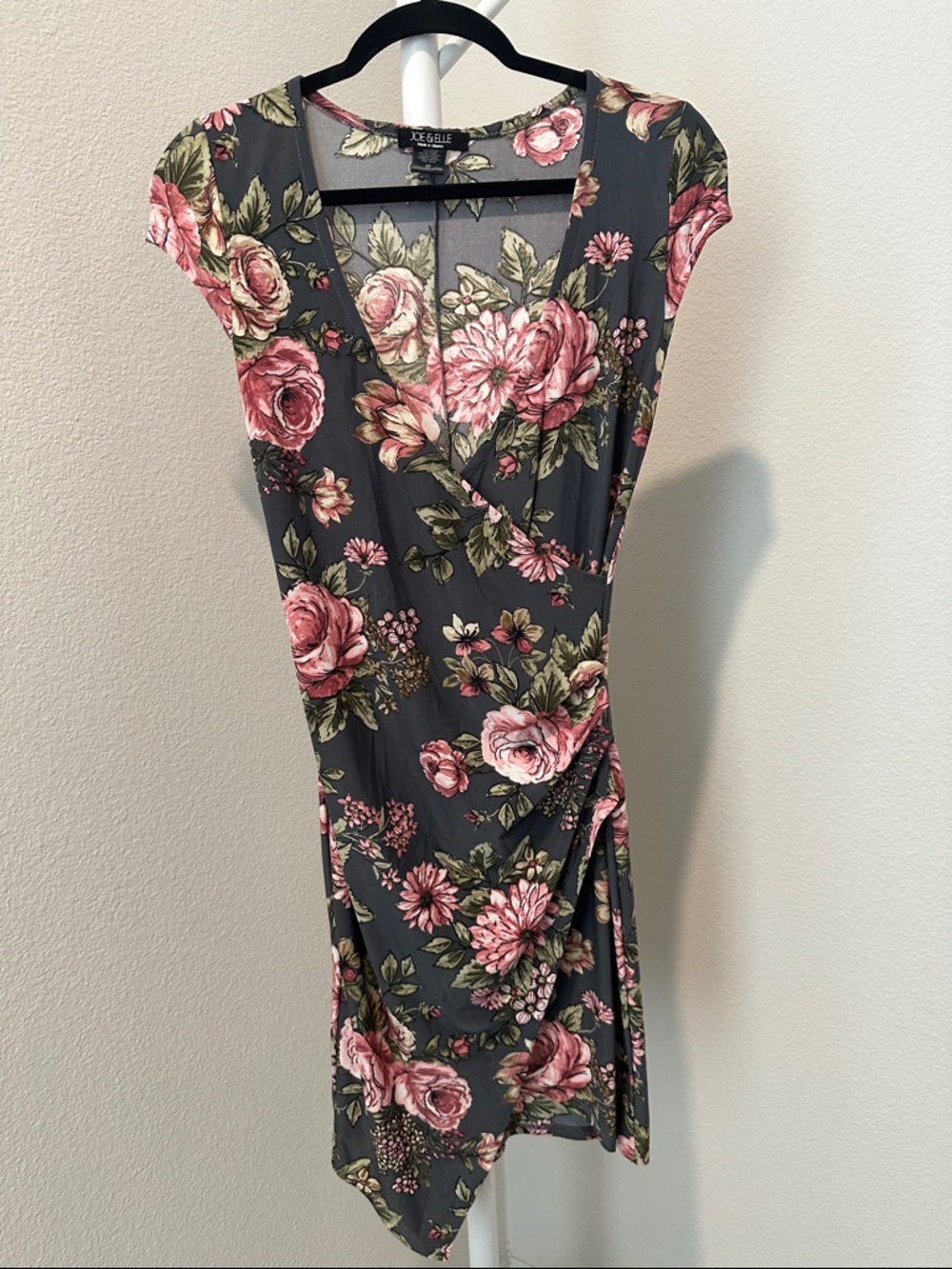 Gray Midi Dress with Pink Floral Print